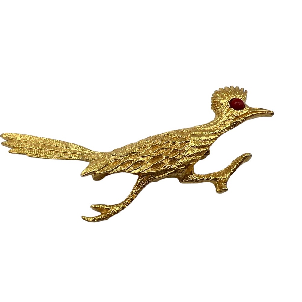 Vintage Goldtoned Signed J. Ritter Southwest Roadrunner Red Eye Brooch Pin